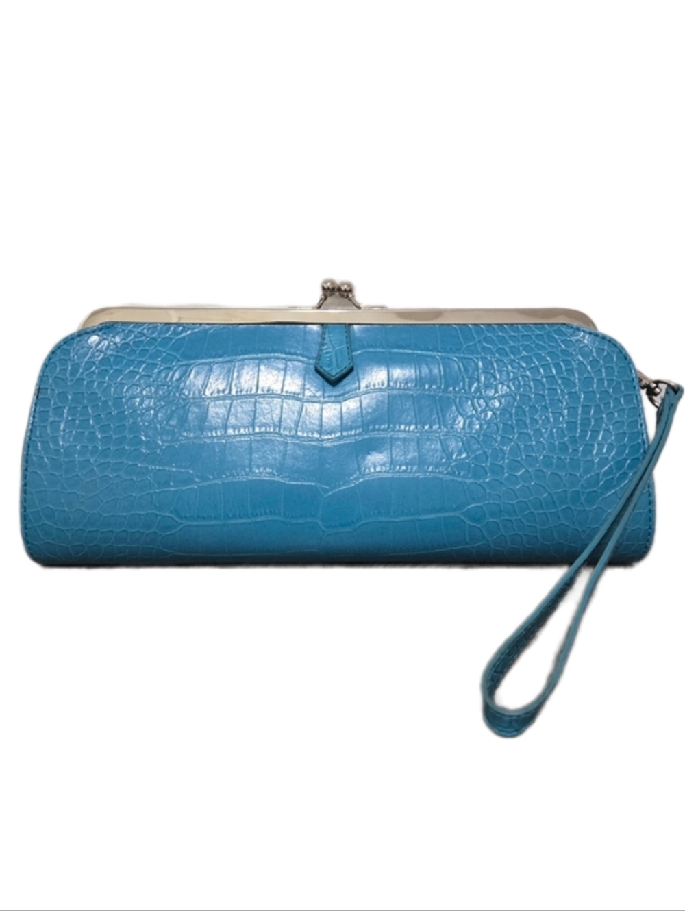 Blue Embossed Clutch Purse With Kiss Lock Wrist Strap and Silver Color Hardware